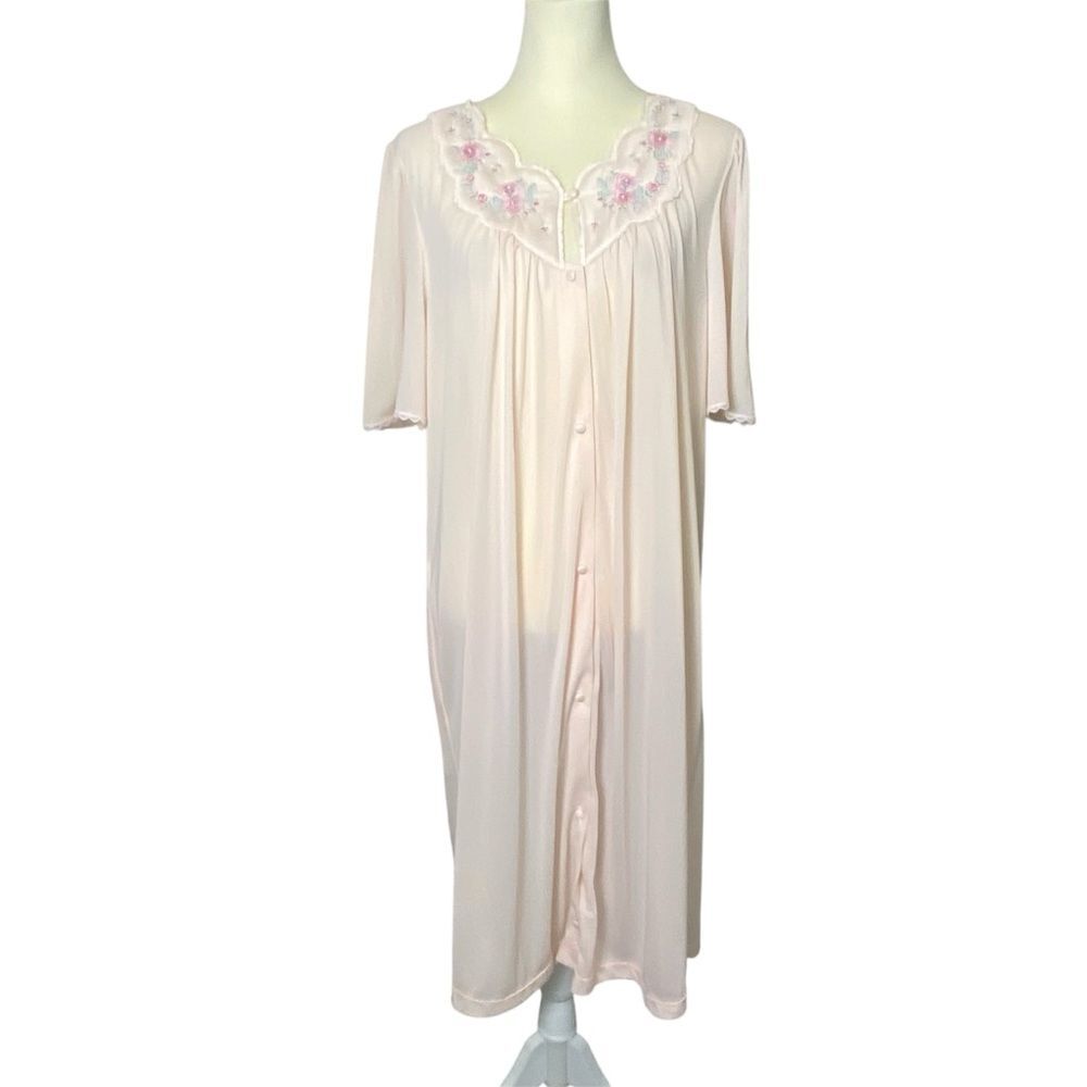 Vintage Lorraine Pink Chiffon Scalloped Floral Button Up Robe Women's Size L/XL